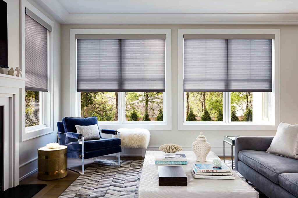 a luxury living room with motorized roller shades on the windows