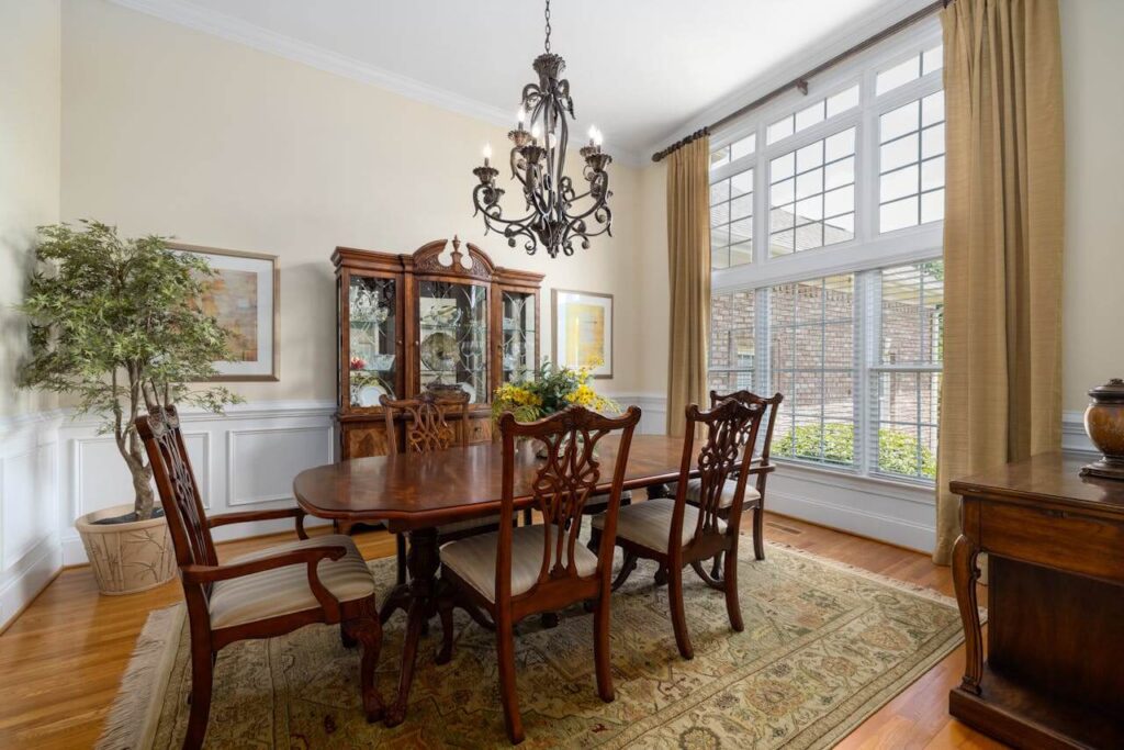 dining room shades - Adriana's Designs heigh ceilng to floor dining room shades